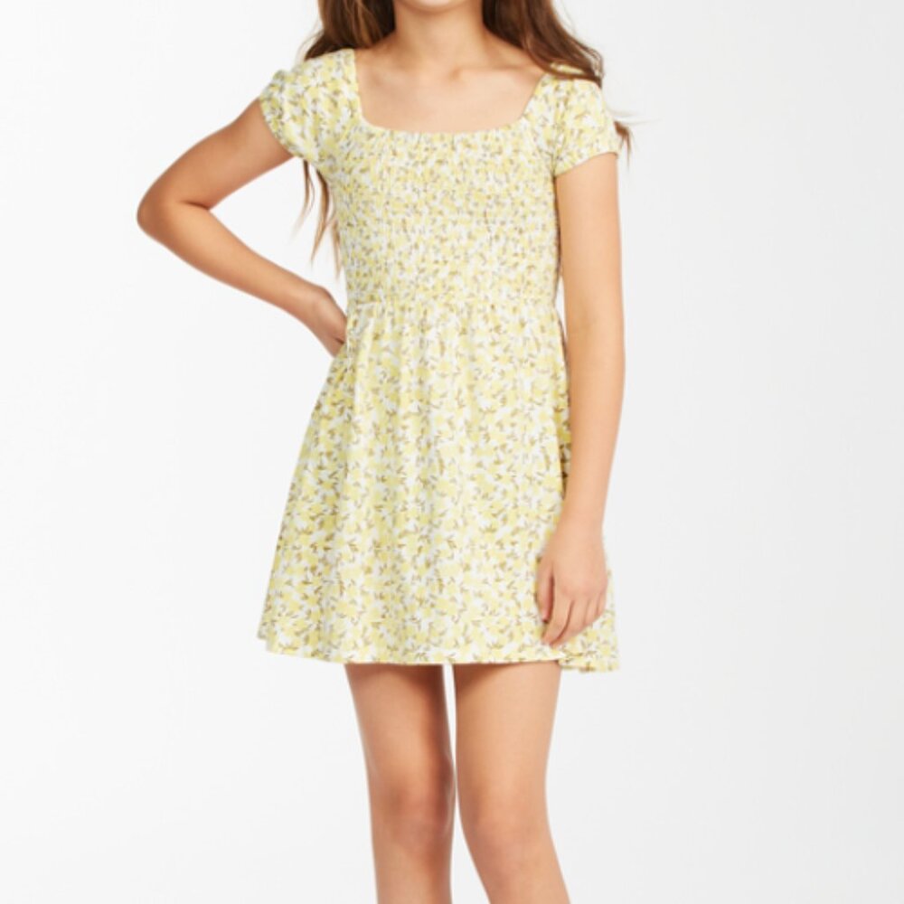 BILLABONG Girls Beach Love Yellow Gray‎ Floral Smocked Bodice Mini Dress Large - Picture 7 of 8